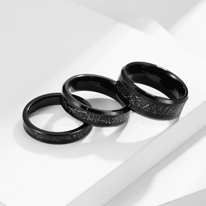 Detailed comparison of three black tungsten rings with silver meteorite pattern texture
