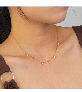 Close-up of gold S925 silver necklace with round and rectangular zircon pendants