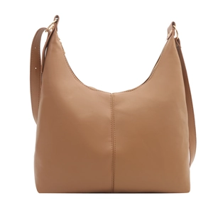 Minimalist brown leather hobo shoulder bag with sleek crescent shape and gold hardware