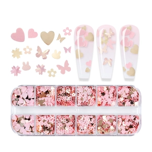 Pink and gold butterfly heart nail sequins set in 12-slot storage box for DIY craft