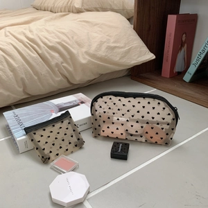 Black heart print mesh makeup bag set including large pouch and small rectangle bag