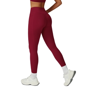 Pantalon de yoga taille haute bordeaux avec poches latérales pour femmes coupe athlétique