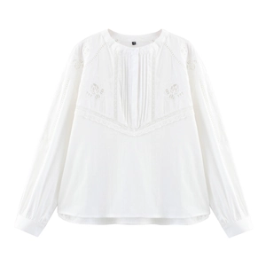 Donna Bianco Cotone Ricamo Pizzo Traforato Camicia A Maniche Lunghe E Pantaloncini Elegante Casual Streetwear