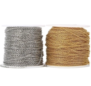Macro view of gold and silver flat cross chains on white spools for DIY jewelry making