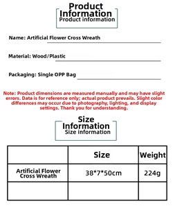 Detail specifications of artificial lily cross wreath showing size 38x7x50cm and weight