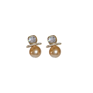 Elegant square zircon and golden pearl stud earrings with gold plating and geometric design