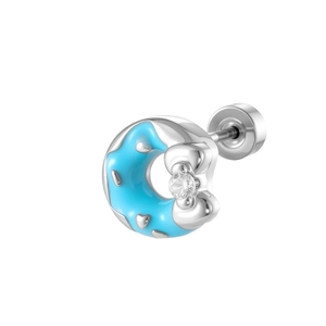 Blue donut screw back cartilage earring with silver sprinkles and clear crystal