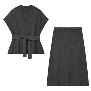 Tenue Tricotée Femme Haut Cache-Cœur Col V Et Jupe Maxi Gris Foncé Élégant Casual Streetwear