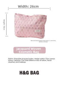 Pink jacquard heart makeup bag showing 26cm x 18cm dimensions on white background