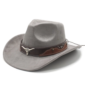 Detail of silver longhorn bull skull ornament on grey suede western cowboy hat