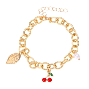 Bracciale a catena con ciondolo a foglia dorata, ciliegia rossa e perla per donna