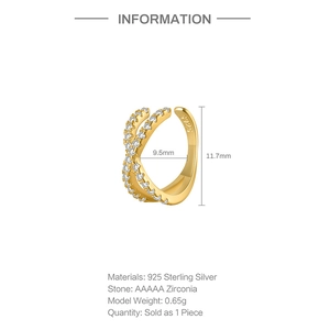 Detail of cross-line gold-plated S925 silver ear cuff with zirconias and dimensions