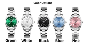 Detail of quartz watches with stainless steel bands and rhinestone markers in five colors