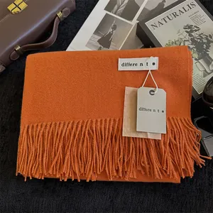 Detail of soft orange cashmere feel scarf with fringe tassels and lifestyle accessories