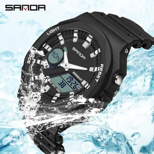 SAMDA sport watch with dual display and 5BAR waterproof rating featuring water splash