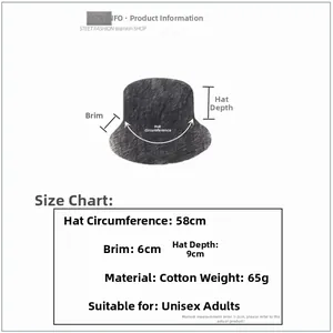 Size chart for cotton bucket hat showing 58cm head circumference and 6cm brim dimensions