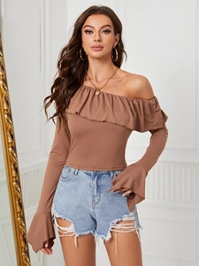 Camiseta Corta Mujer Hombros Descubiertos Manga Larga Con Volantes Ajustada Color Sólido Poliéster Spandex Sexy Top