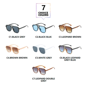 Collection of seven color variants for classic double-bridge pilot sunglasses in a row