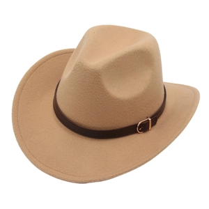 Classic camel felt cowboy hat with upturned brim and brown leather buckle belt