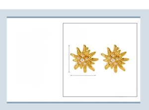 Détail des boucles d'oreilles fleur dorées avec dimensions 28x26mm sur fond blanc