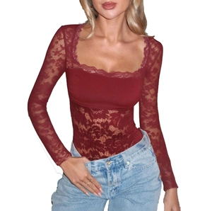 Women's burgundy lace long sleeve bodysuit with V-neck and slim fit elegant design