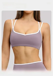 Detail of cross-back purple sports bra with white trim and quick-dry breathable fabric