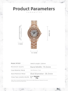 Tableau des dimensions d'une montre de luxe pour femme ornée de strass en or rose