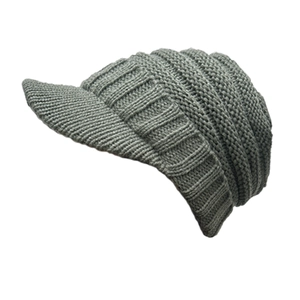 Winter knitted baseball cap with visor in grey textured wool for cold weather