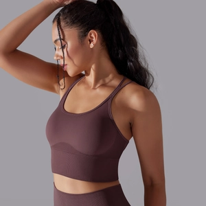 Detail of high-elastic seamless texture and ribbed hem on brown yoga sports bra set