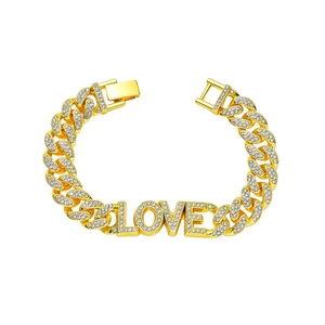 Hip Hop Iced Out Cuban Link Bracelet Alloy Rhinestone LOVE Letter Decor Jewelry For Men Punk Style Watchband Buckle