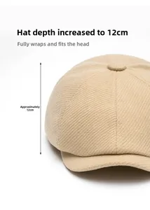 Detail shot of beige wool octagonal hat featuring a 12cm deep crown and twill texture