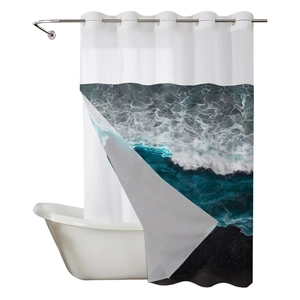 Rideau de douche imperméable double couche avec motif de vagues et anneaux en métal