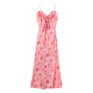 Maxikleid Mit Blumenmuster Chiffon Rosenprint Volantbesatz 3D Blume Spaghettiträger Eng Anliegend Elegant