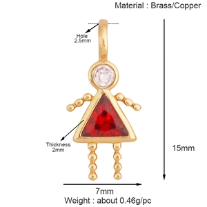 Pendentif fille en laiton plaqué or 18 carats avec zircons rouges et transparents