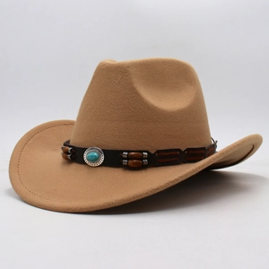 Close-up of brown faux leather band with turquoise stone on khaki felt cowboy hat