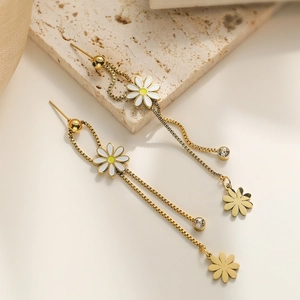 Elegant 18K gold plated daisy tassel earrings with white enamel and sparkling rhinestones