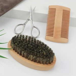 4-piece men's beard grooming kit with wooden brush, comb, and stainless steel scissors