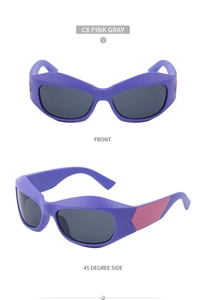 Front and side view of Y2K sports sunglasses with pink purple frames and grey lenses