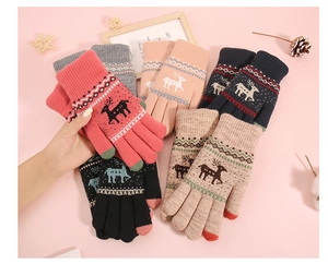 Close-up of winter knit gloves with reindeer patterns in various assorted colors