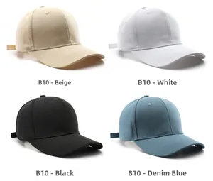 Selection of plain cotton baseball caps in beige, white, black and denim blue colors