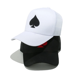 Mesh trucker hat with spade embroidery in black and white colors for summer sun protection