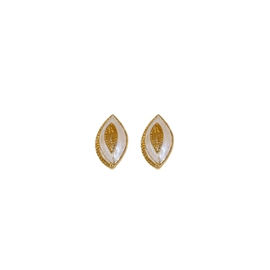 Vintage style leaf eye earrings with white enamel and golden metal borders for women