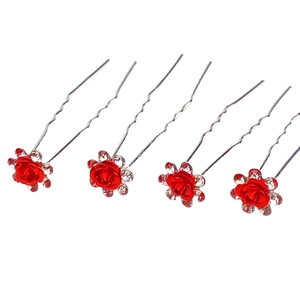 Set di 4 eleganti forcine per capelli con rose rosse e strass su clip in metallo argento