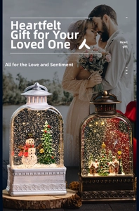 Close-up of vintage Christmas lanterns with snow scenes, glowing lights, and micro decor