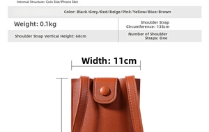 Brown litchi grain leather phone bag showing dimensions and detailed interior structure