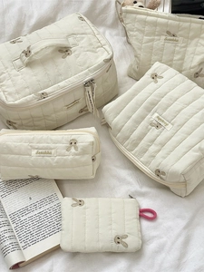 Quilted Cotton Cosmetic Bag With Rabbit Embroidery Portable Makeup Pouch Storage Case For Women Cute Soft