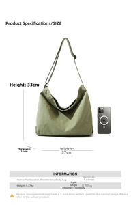 Borsa in tela verde 37x11x33cm mostrata con uno smartphone per scala dimensionale