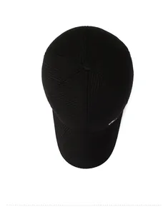 Top view of classic black winter baseball cap showing the six-panel crown and button