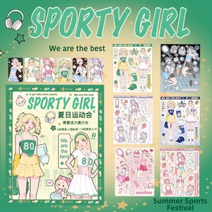 Anime-style sports girl theme stickers and matching cards in fresh mint green set