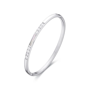Polished stainless steel bangle with CNC set crystals and pink shell inlay on white background
